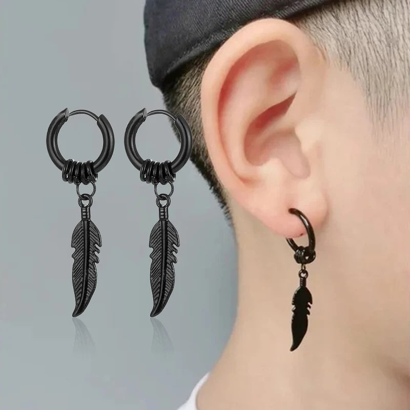 2pc Korean Fashion Punk Rock Cross Feather Stud Earrings for Women And Men High Quality Stainless Steel Hip Hop Ear Jewelry
