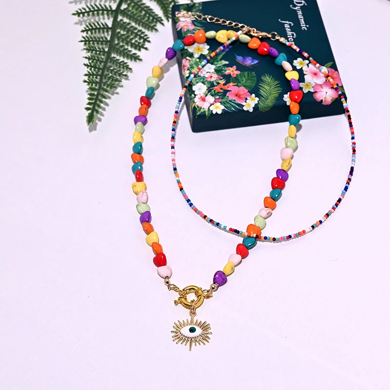 Heart Choker Necklace with Colorful Beads | Bohemian Eye Pendant Set for Women detail view