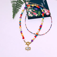 Heart Choker Necklace with Colorful Beads | Bohemian Eye Pendant Set for Women detail view