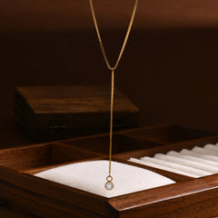 Golden Color Lariat Necklace for Women, Dainty Y Shape Layered Long Necklaces, CZ Drop close-up view