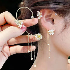 Sparkling Zircon Flower Butterfly Ear Bone Clip for Women Without Piercing Tassel Ear close-up view