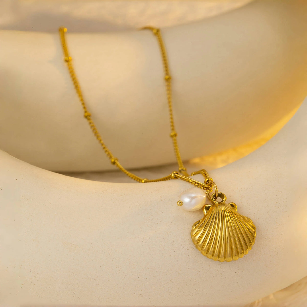 Shell and Pearl Pendant Necklace | 18K Gold Plated Stainless Steel Beach Jewelry alternate view