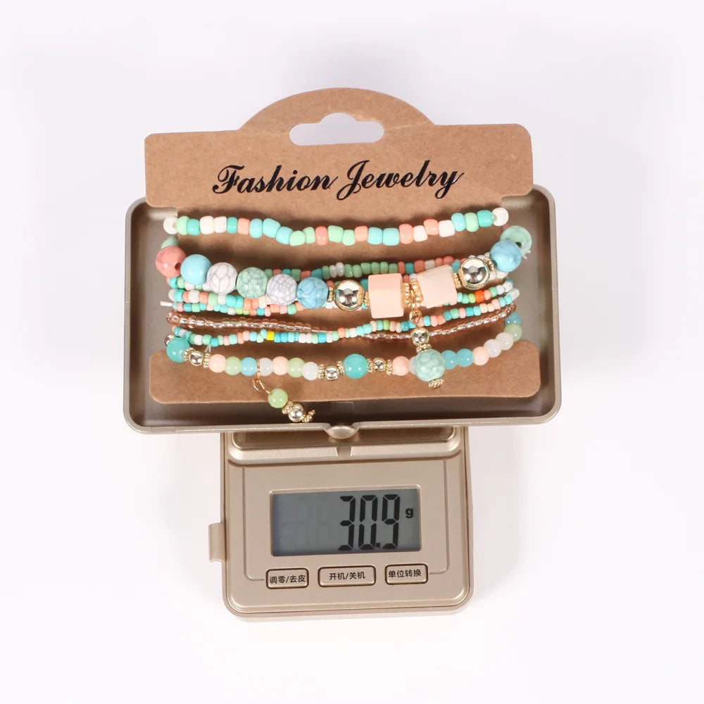 Bohemian Handmade Beads Bracelet Set For Women Summer Colorful Beaded Chain Bangle Girls detail view