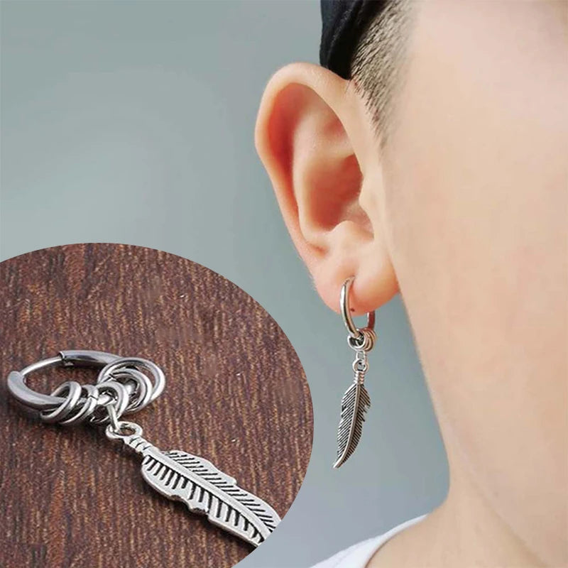2pc Korean Fashion Punk Rock Cross Feather Stud Earrings for Women And Men High Quality Stainless Steel Hip Hop Ear Jewelry