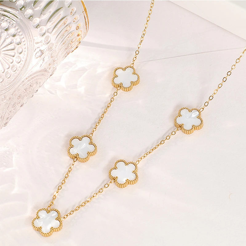 14K Gold Plated Stainless Steel Necklace Woman Five Leaf Petals Double Sided Necklaces f detail view