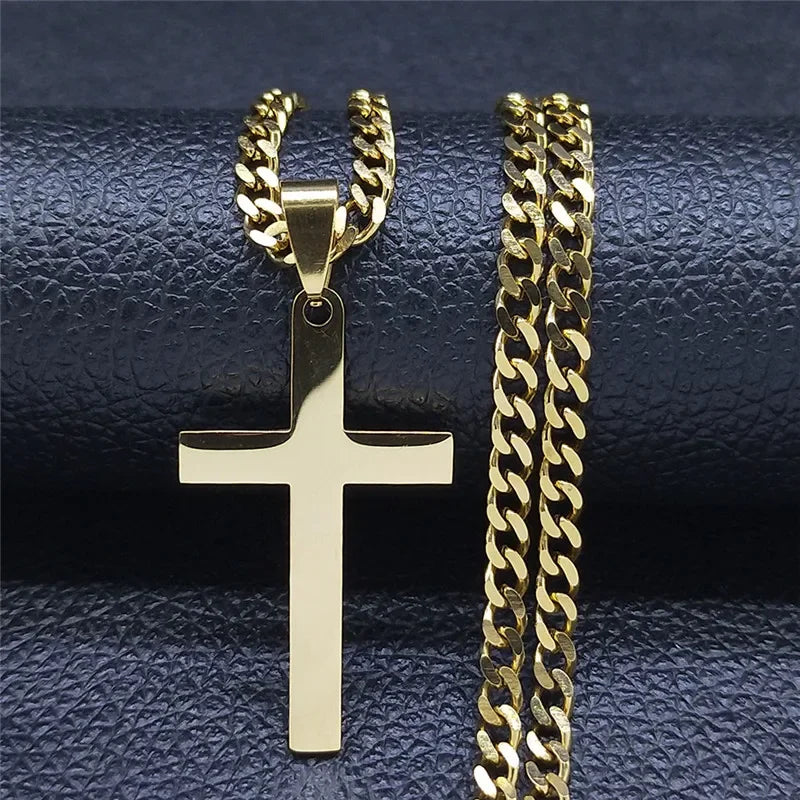 Gold Stainless Steel Cross Pendant Necklace | Hip Hop Jesus Chain Jewelry for Men Wome close-up view