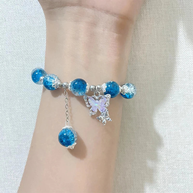 Crystal Butterfly Pendant Bracelet | Colorful Glass Bead Jewelry for Women close-up view