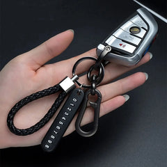 Trendy DIY Mobile Phone Number Plate Pendant Keychain for Men Punk Simple Woven Leather detail view