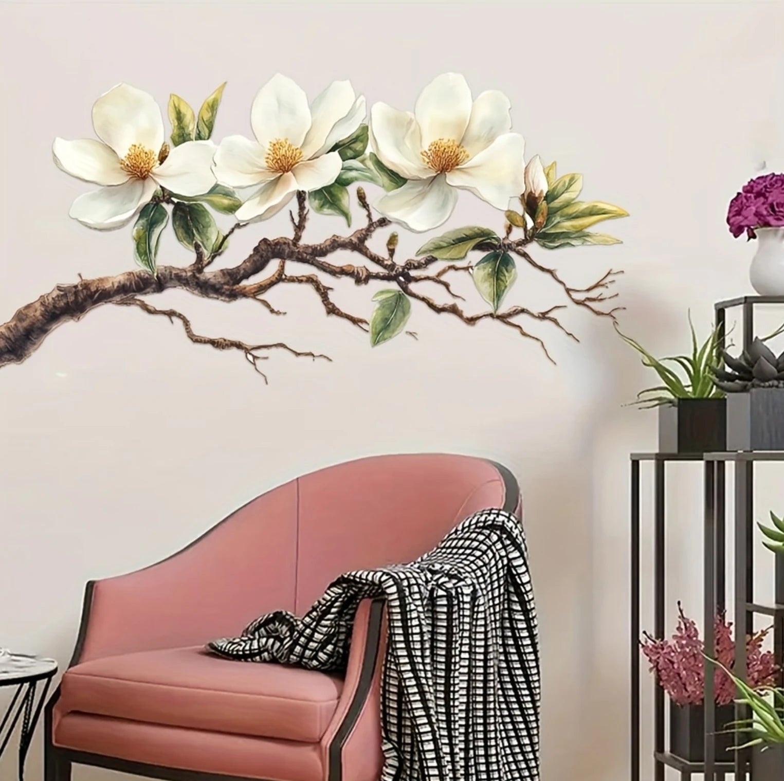 Elegant White Magnolia Blossom Wall Decal | Self-Adhesive Removable PVC Sticker additional angle