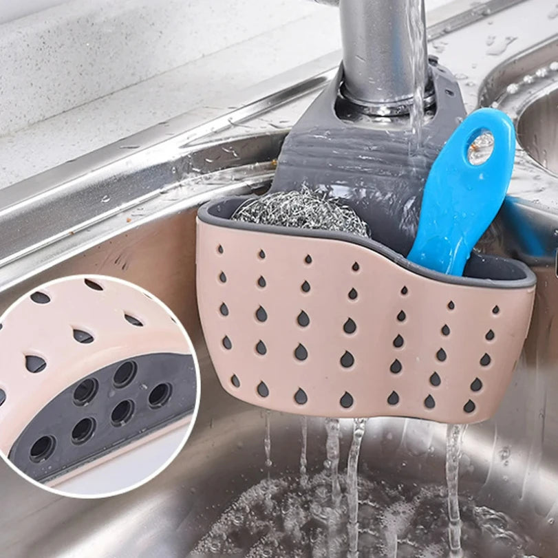 Kitchen Sink Holder Hanging Drain Basket | Adjustable Soap Sponge Shelf Organizer close-up view