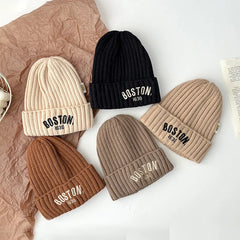 Boston Knitted Baby Hat with Letter Design | Winter Ear Protection Cap