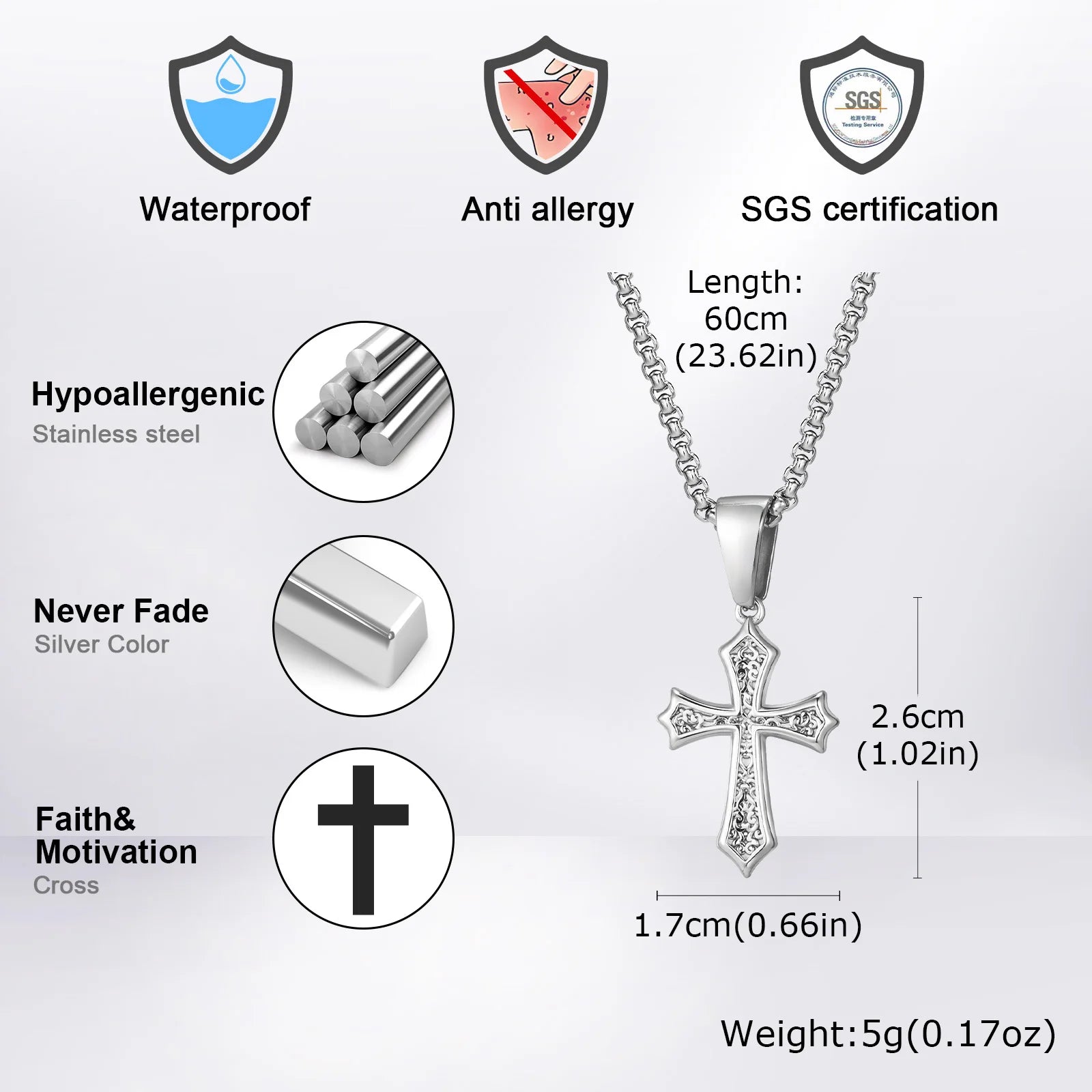 Hip Hop Cross Necklace for Men Women | Stainless Steel Chic Cross Pendant Christian additional angle