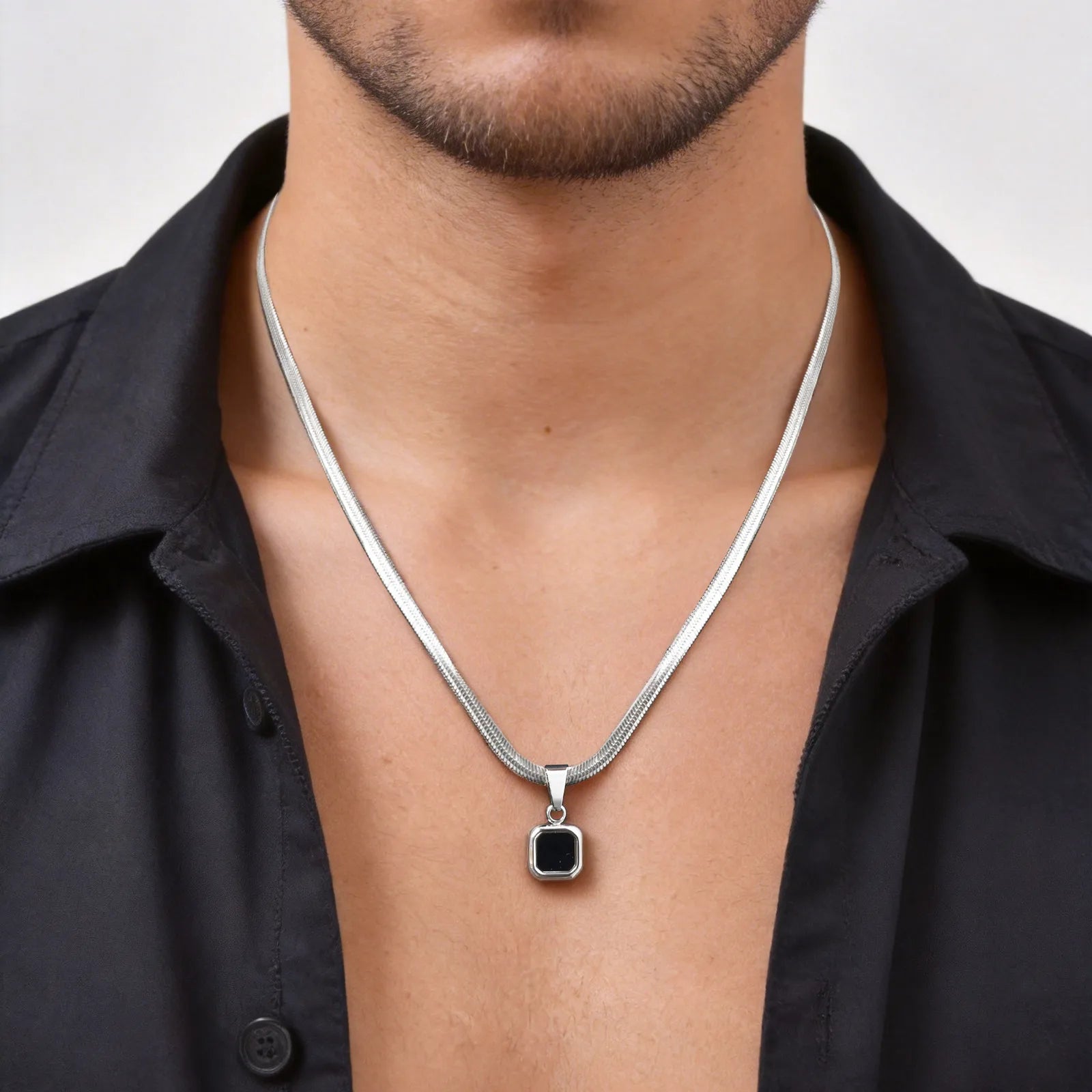 Men's Geometric Stone Pendant Necklace | Stainless Steel Blade Chain alternate view