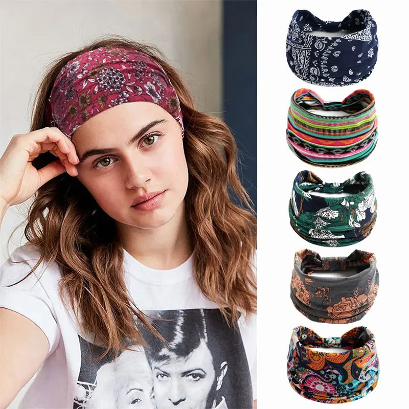 Bohemian Style Elastic Hair Bands Yoga Headband Women Headwear Print Vintage Cross Unisex Scrunchies