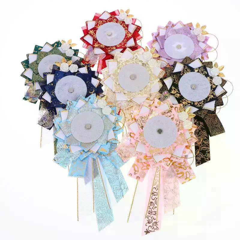 Big Bow Anime Badge Display Rosette With Gold Accents And Butterfly Decor Perfect For close-up view