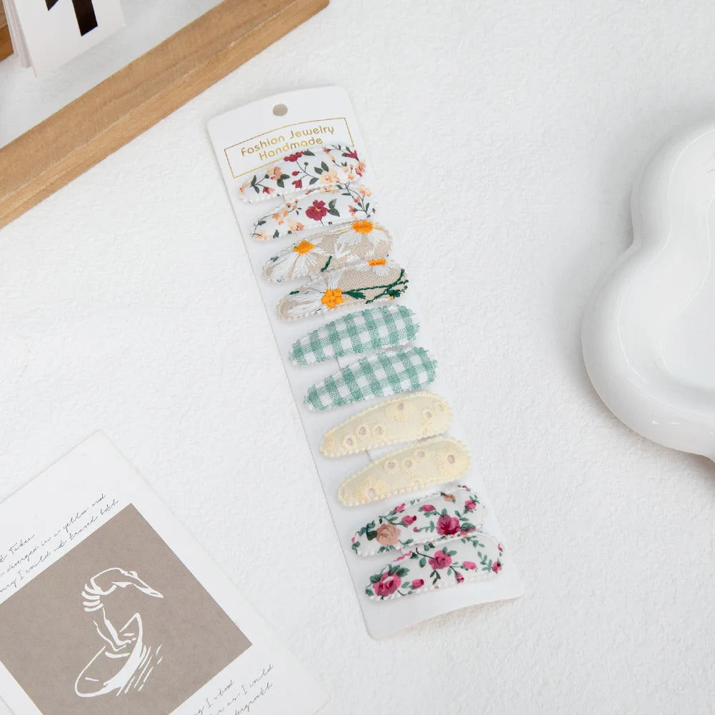 10Pcs/Lot Ins 6cm Flower Print Cotton Alloy Hair Bow Snap Clips Set Fabric Plaid Bobby Hairpins Hairgrips Girls Kids Headwear