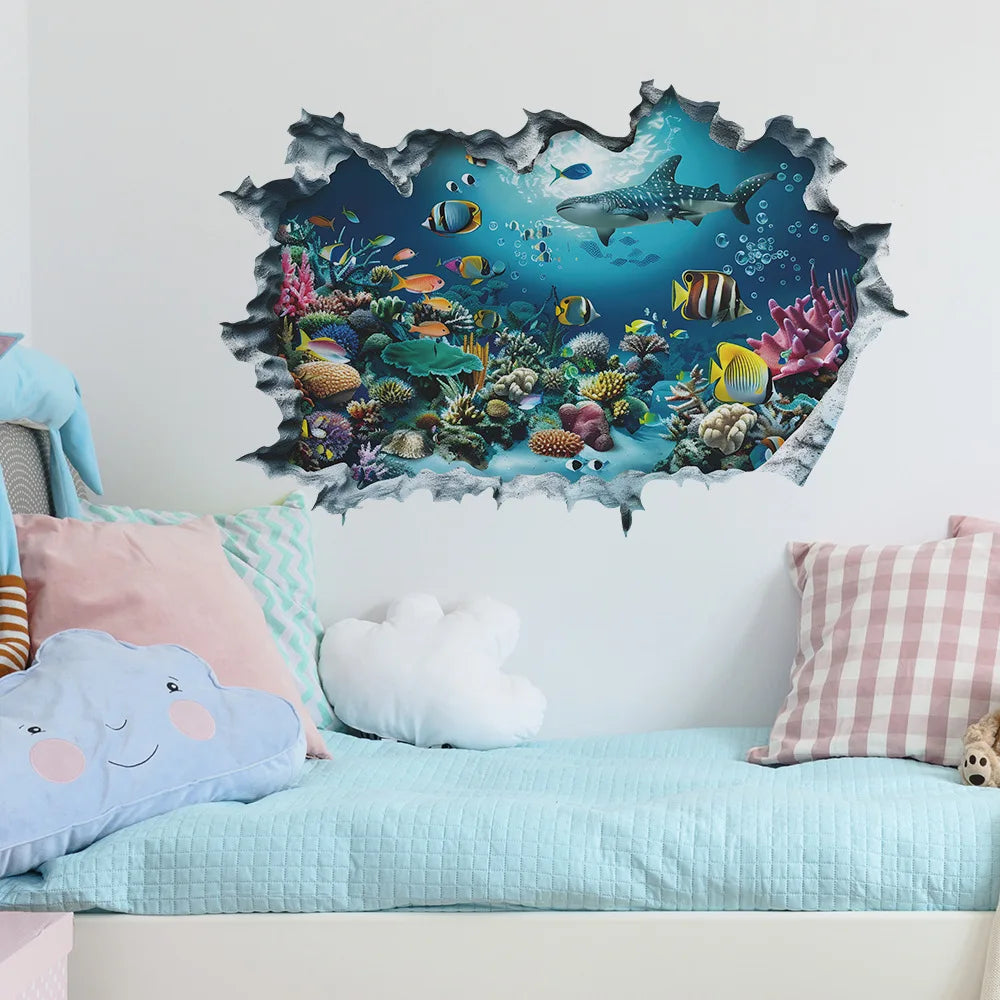 3D Shark Wall Stickers for Kids Room | Ocean Aquarium Broken Wall Decals detail view