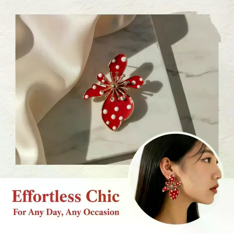 Pearl Flower Earrings Black Shaped Dangle Drop White Faux Polka Dot Gold Tone Details close-up view