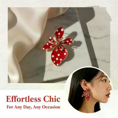 Pearl Flower Earrings Black Shaped Dangle Drop White Faux Polka Dot Gold Tone Details close-up view