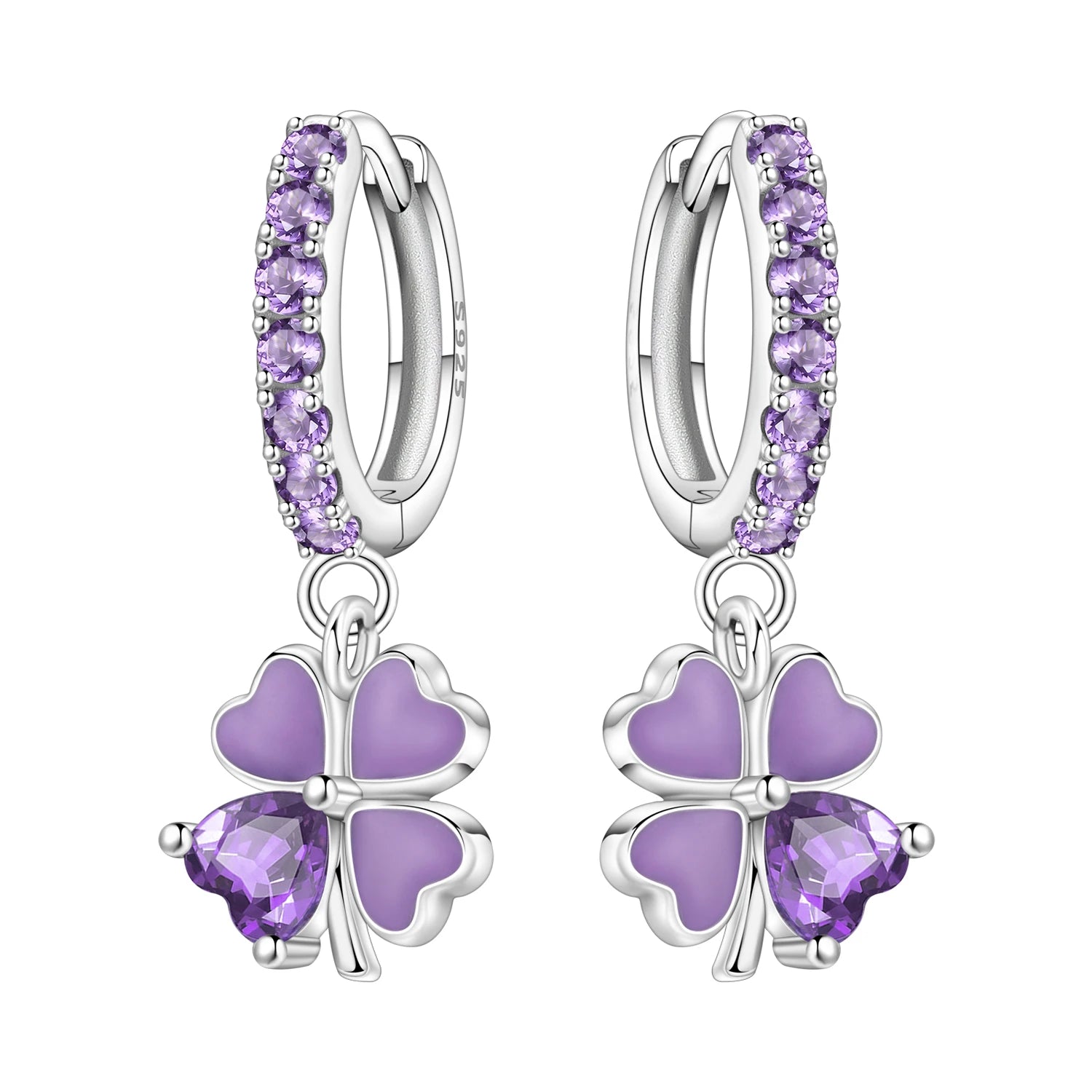 925 Sterling Silver Purple Flowers Plants Leaf Series Blue Iris Flower Earring Hoop additional angle