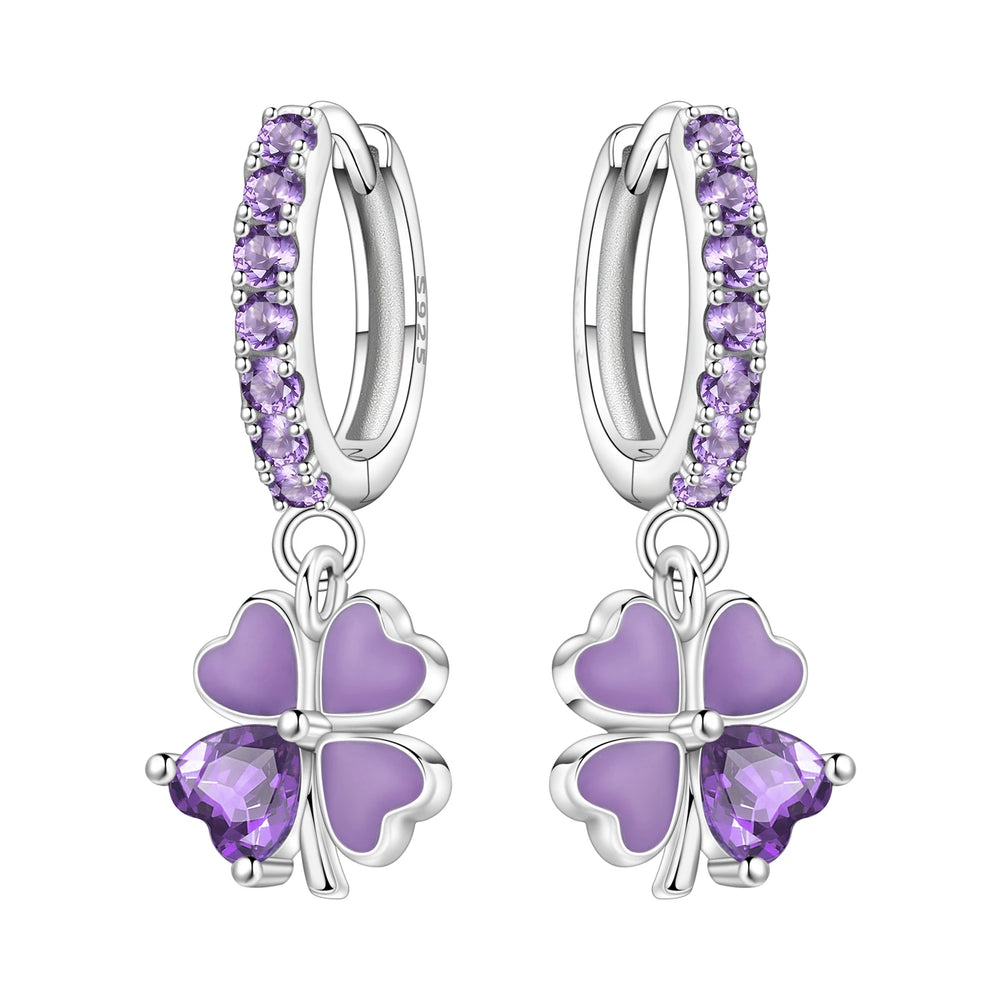 925 Sterling Silver Purple Flowers Plants Leaf Series Blue Iris Flower Earring Hoop additional angle