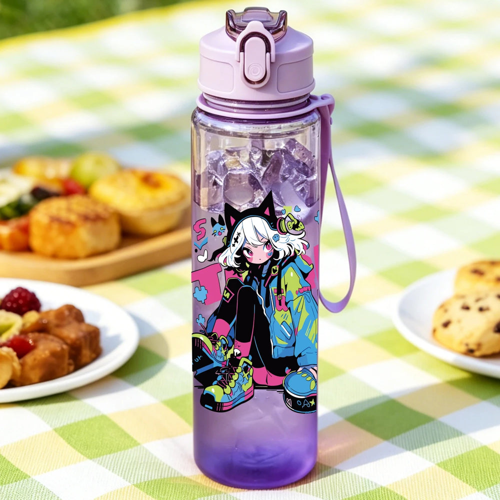 1 Piece 750ml (26 fl oz) Cartoon Anime Girl Printed Straw Cup, Summer Water Bottle, B lifestyle view