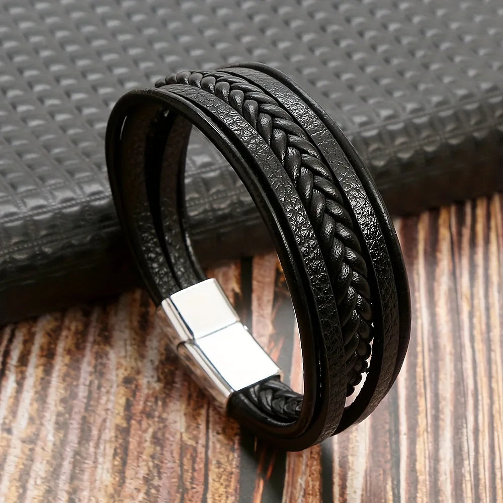 Multi Layer Braided Rope Bracelet for Men | Classic Handmade PU Leather Wristband w additional angle