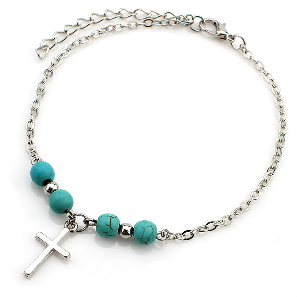 1Pc Boho Turquoise Starfish Anklets Summer Conch Rice Bead Anklet With Adjustable Chain detail view