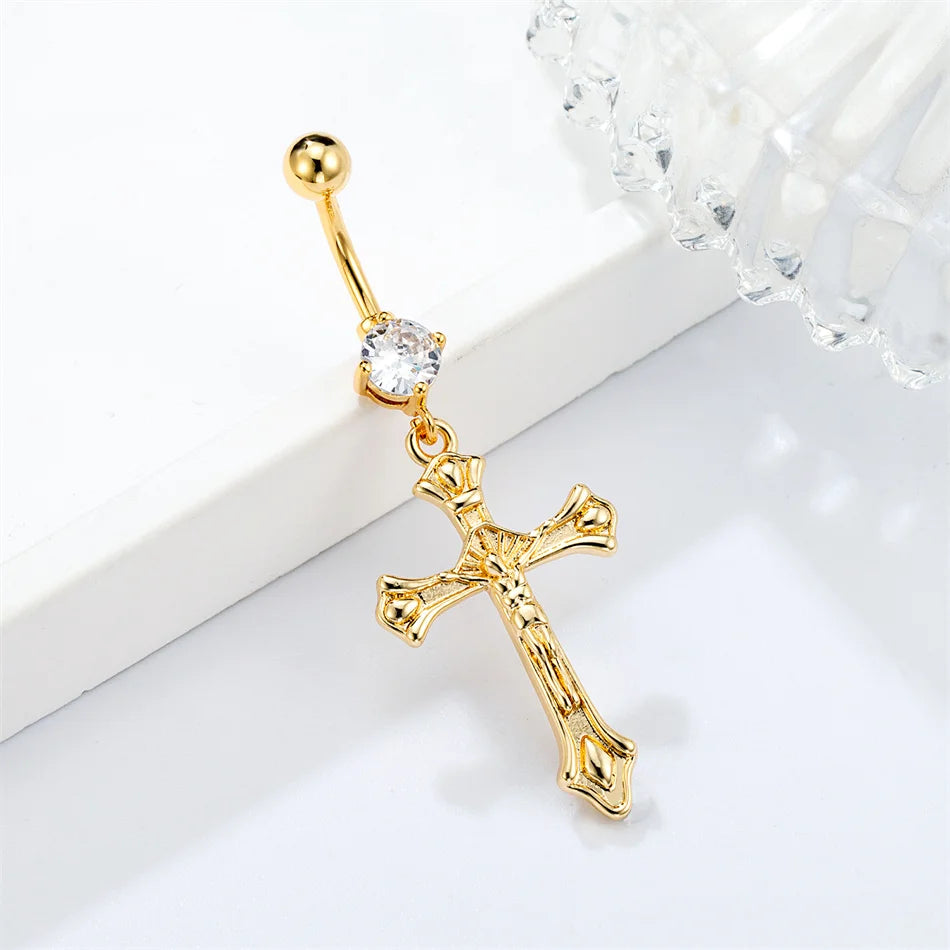 Internal Thread Titanium Navel Rings Dangle CZ Cross Jesus Mother Golden Belly Piercing detail view