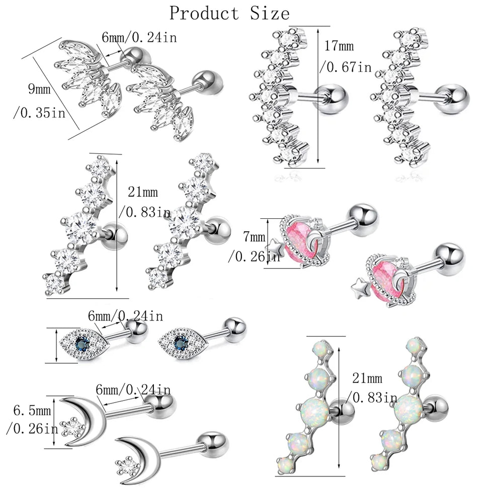 2pcs Hypoallergenic Stainless Steel Cartilage Stud Earrings,Eye Flame Moon Barbell Back detail view