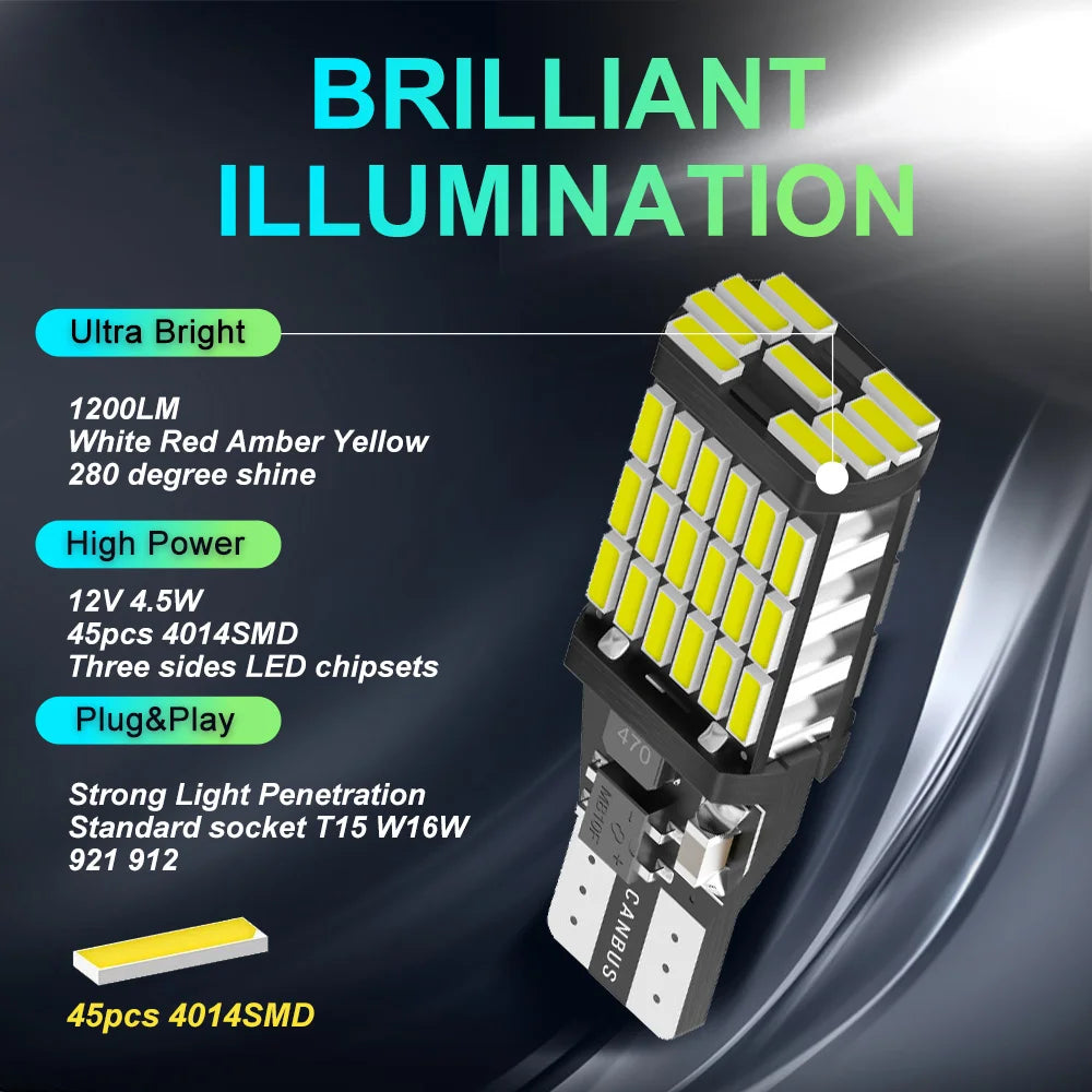2pcs T15 4014 45chips W16W 921 912 LED Backup Light Reserve Lamp Canbus Bulbs High Po alternate view