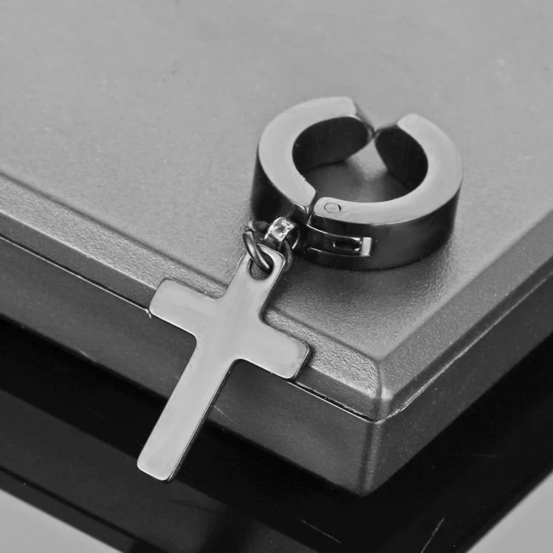 Stainless Steel Clip On Cross Earrings | Non Piercing Gothic Punk Jewelry for Men Wome close-up view