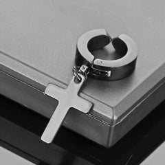 Stainless Steel Clip On Cross Earrings | Non Piercing Gothic Punk Jewelry for Men Wome close-up view