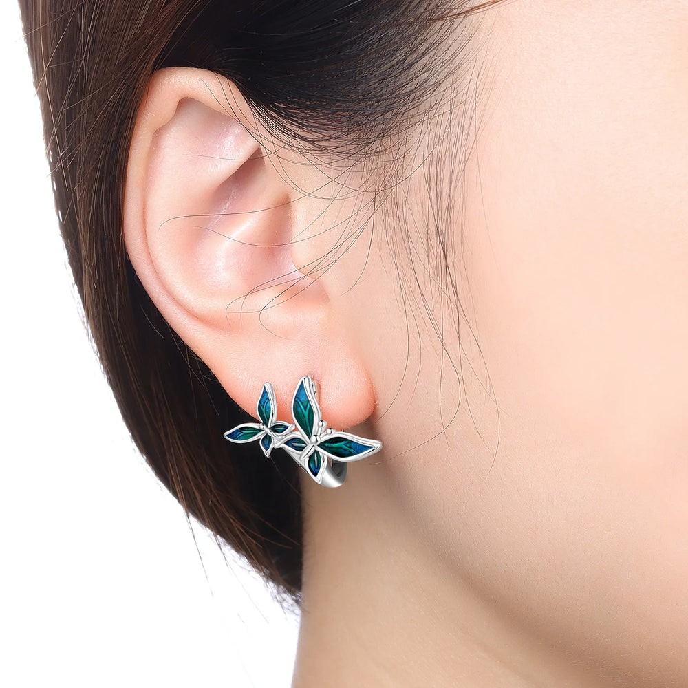 PANPOKI Original 925 Sterling Silver Double Butterfly Insect Earrings Women Hoop Earring detail view