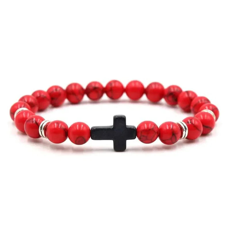 Prayer Men Natural Stone Wood Beads Rosary Hematite Cross Bracelets Onyx Meditation additional angle