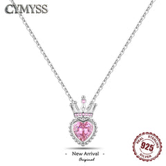 Romantic Pink Crown Heart Pendant Necklace Genuine 925 Sterling Silver Elegant Fine Jewelry for Wome