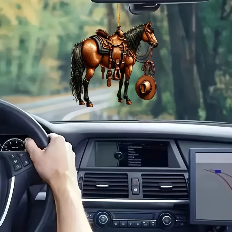 Acrylic Flat 2D Western Cowboy Horse Car Rearview Mirror Pendant Keychain Bag Small Pend detail view