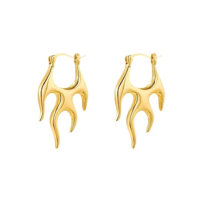 Gothic Punk Gold Flame Hoop Earrings for Women | Exaggerated Geometric Piercing Jewelr close-up view