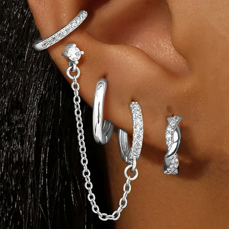 4PC Chain Huggie Earring Set | Flower Tragus Hoop Earrings for Women lifestyle view