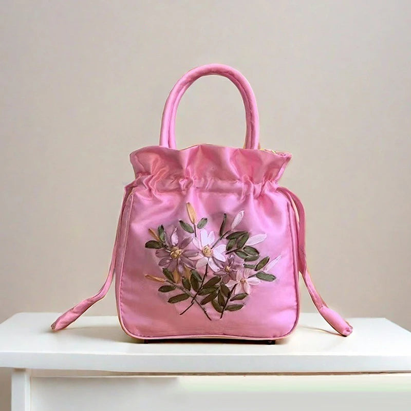 Small Embroidered Flower Bucket Bag | Women's Top Handle Drawstring Purse detail view