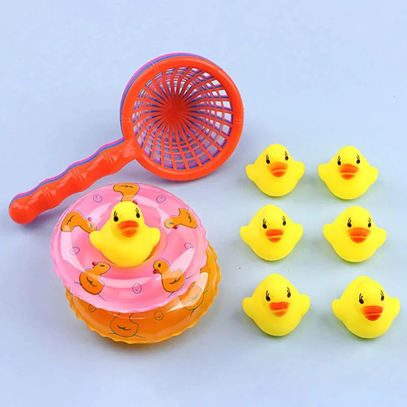 Kids Floating Bath Toys Mini Swimming Rings Rubber Yellow Ducks Fishing Net Washing additional angle