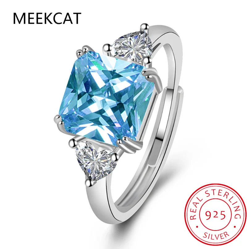 1.9ct Square Natural Sky Blue Topaz 925 Sterling Silver 3 Stone Ring for Women Gemstone Jewelry Wedd