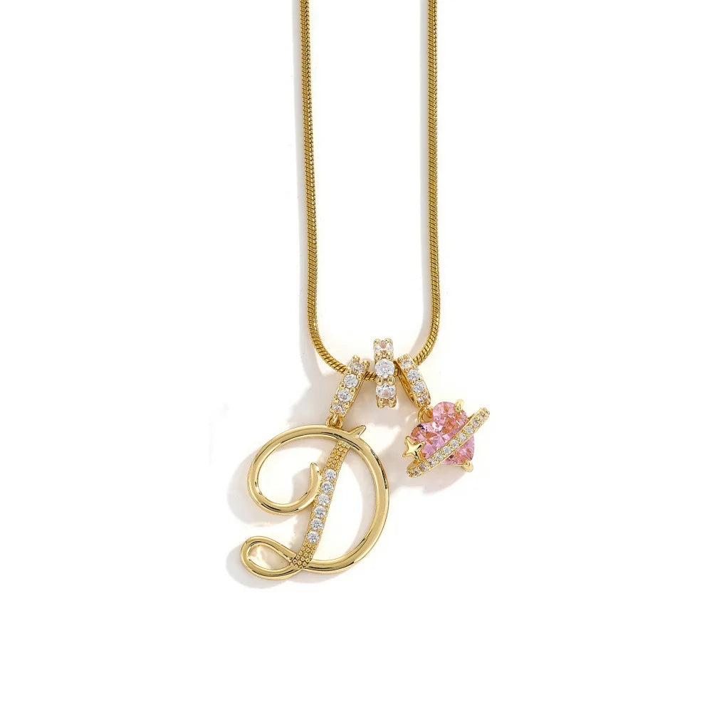 Gold Color Zircon Flower Pendant Necklace Female A-Z 26 Letter Alphabet Wedding Jewel lifestyle view