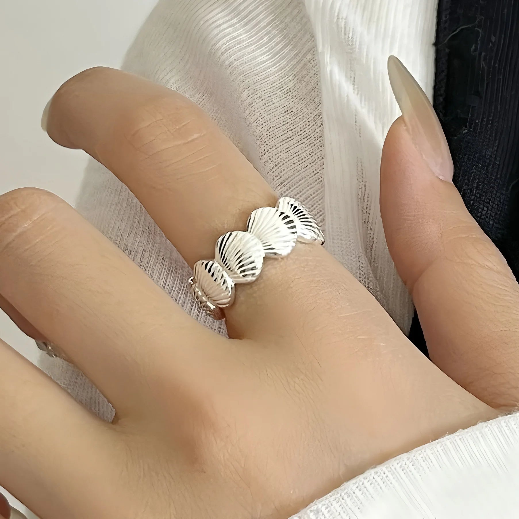 PANJBJ 925 Sterling Silver Frosting Geometry Ring for Women Wide Texture Versatile Ha lifestyle view