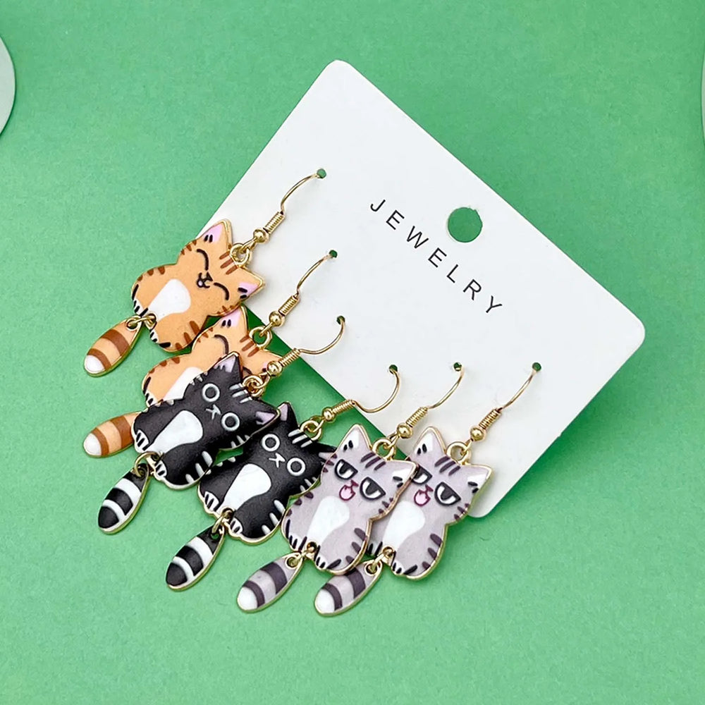 Fashionable Enamel Cat Earrings Set | 3 Pairs Cute Cartoon Drop Earrings for Women and G detail view