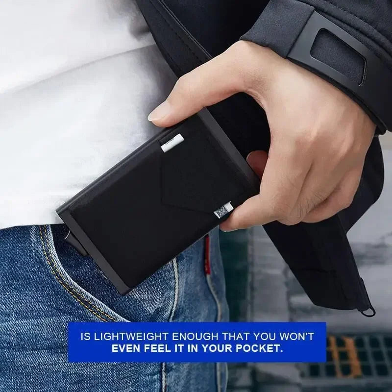 DIENQI RFID Credit Card Holder | Slim Pop-Up Metal Wallet close-up view
