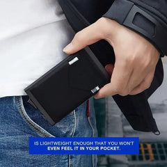 DIENQI RFID Credit Card Holder | Slim Pop-Up Metal Wallet close-up view