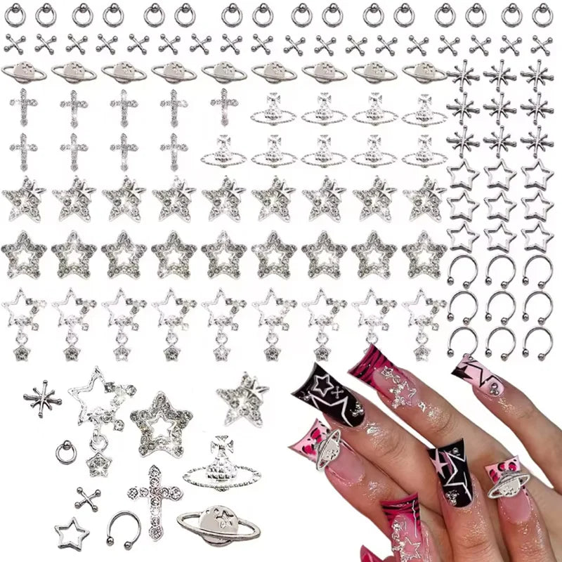80PCS Star Nail Charms for Acrylic Nails,Silver Star Planet Cross Alloy Nail Art De additional angle