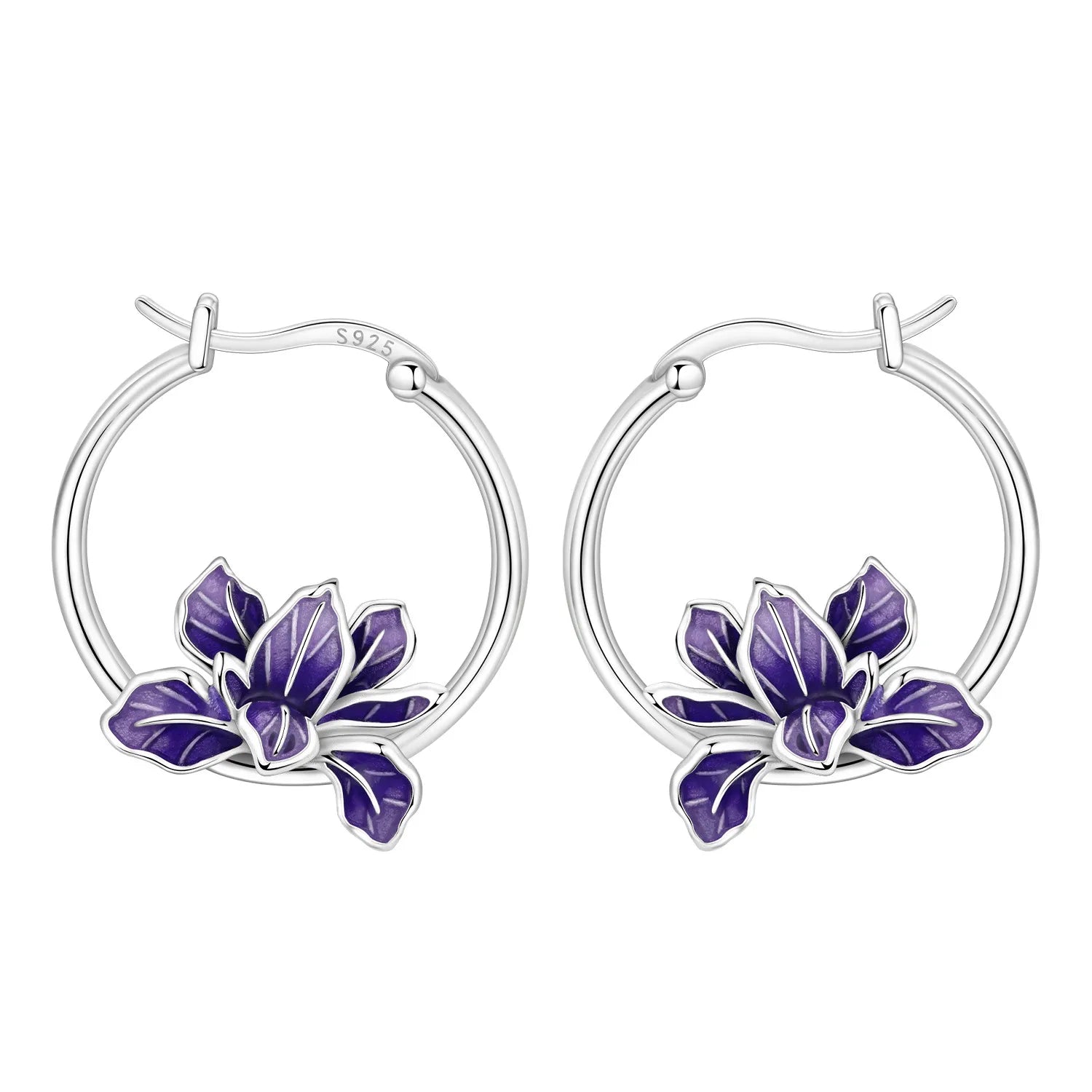 925 Sterling Silver Purple Flowers Plants Leaf Series Blue Iris Flower Earring Hoop E lifestyle view