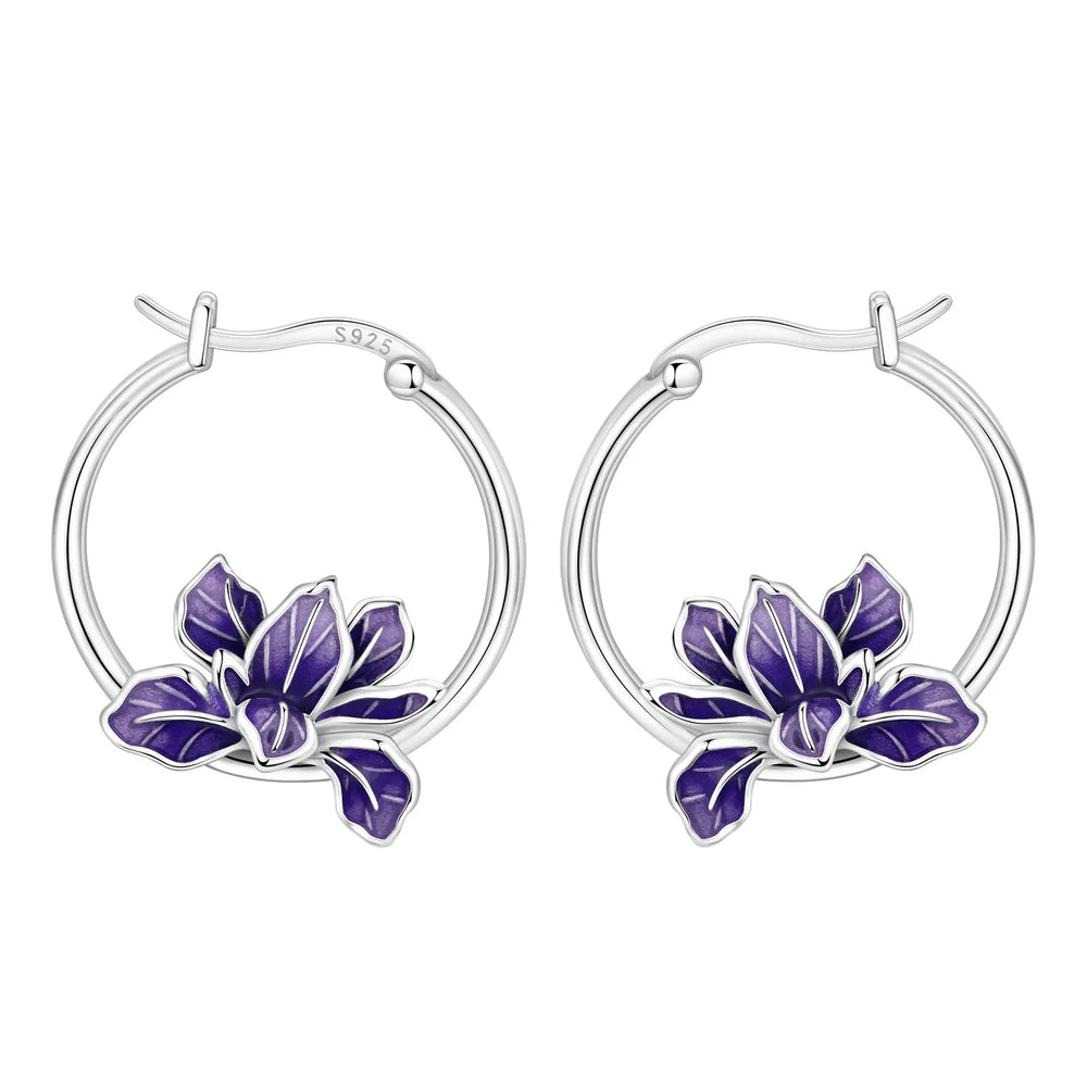 925 Sterling Silver Purple Flowers Plants Leaf Series Blue Iris Flower Earring Hoop E lifestyle view